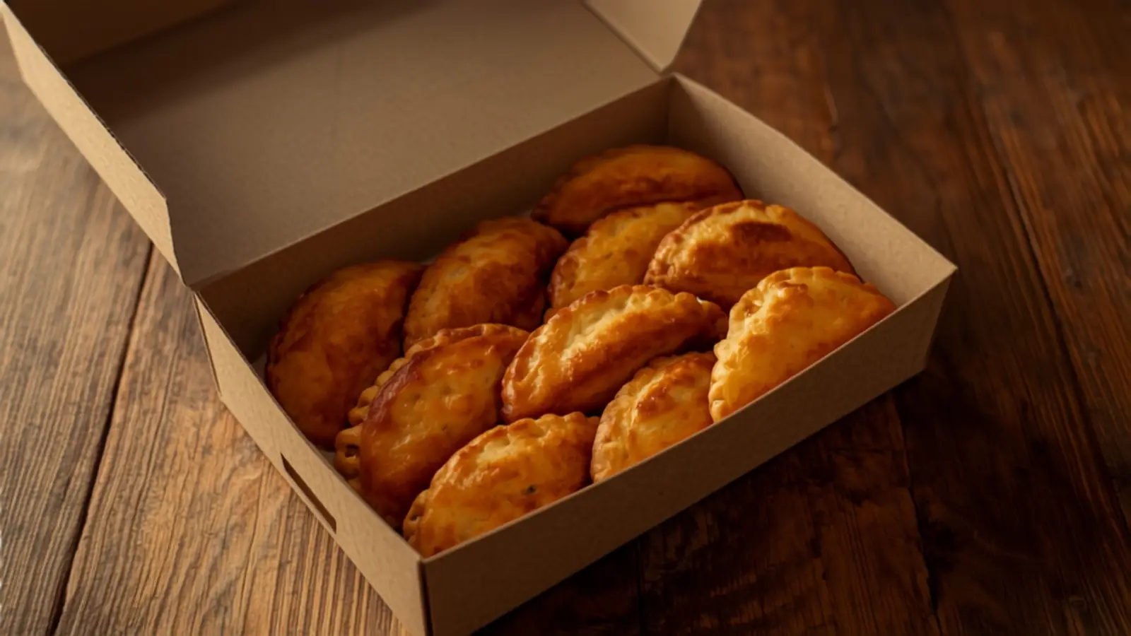 Empanadas doradas dentro de una caja de cartón abierta sobre una mesa de madera