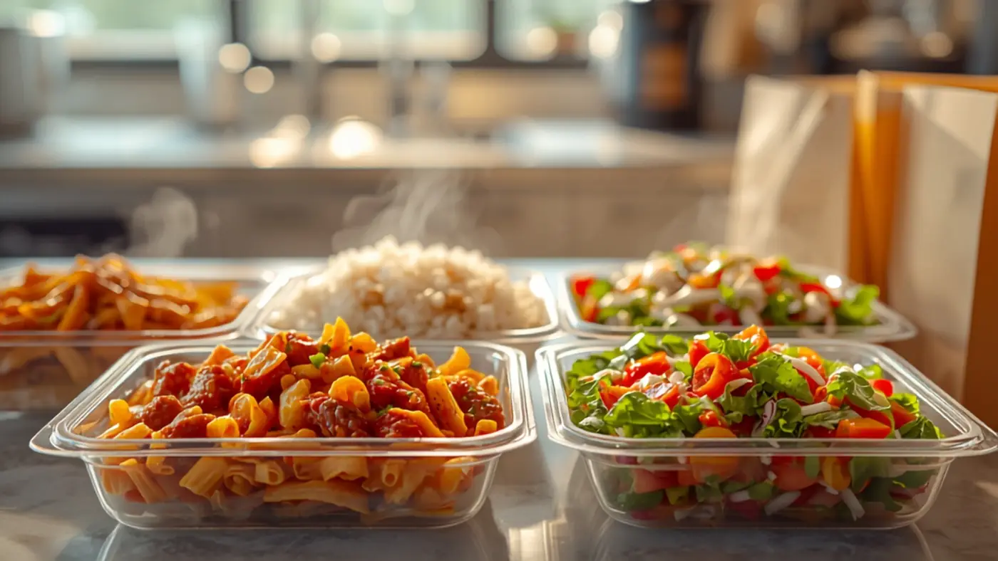 Porciones de pastas y ensaladas en bandejas plásticas transparentes para llevar