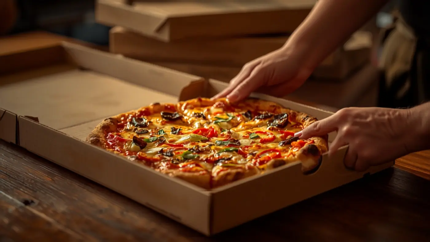 Pizza recién horneada dentro de una caja de cartón, lista para cerrar