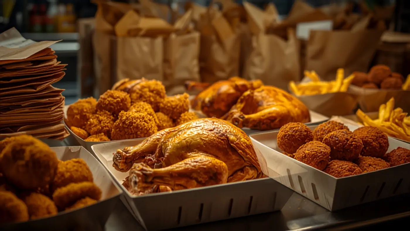 Pollo al spiedo y milanesas en bandejas de cartón blancas, con bolsas de papel madera