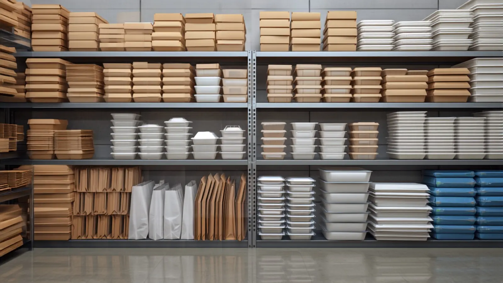 Estanterías con cajas de cartón, bandejas, envases plásticos, bolsas de papel y resmas